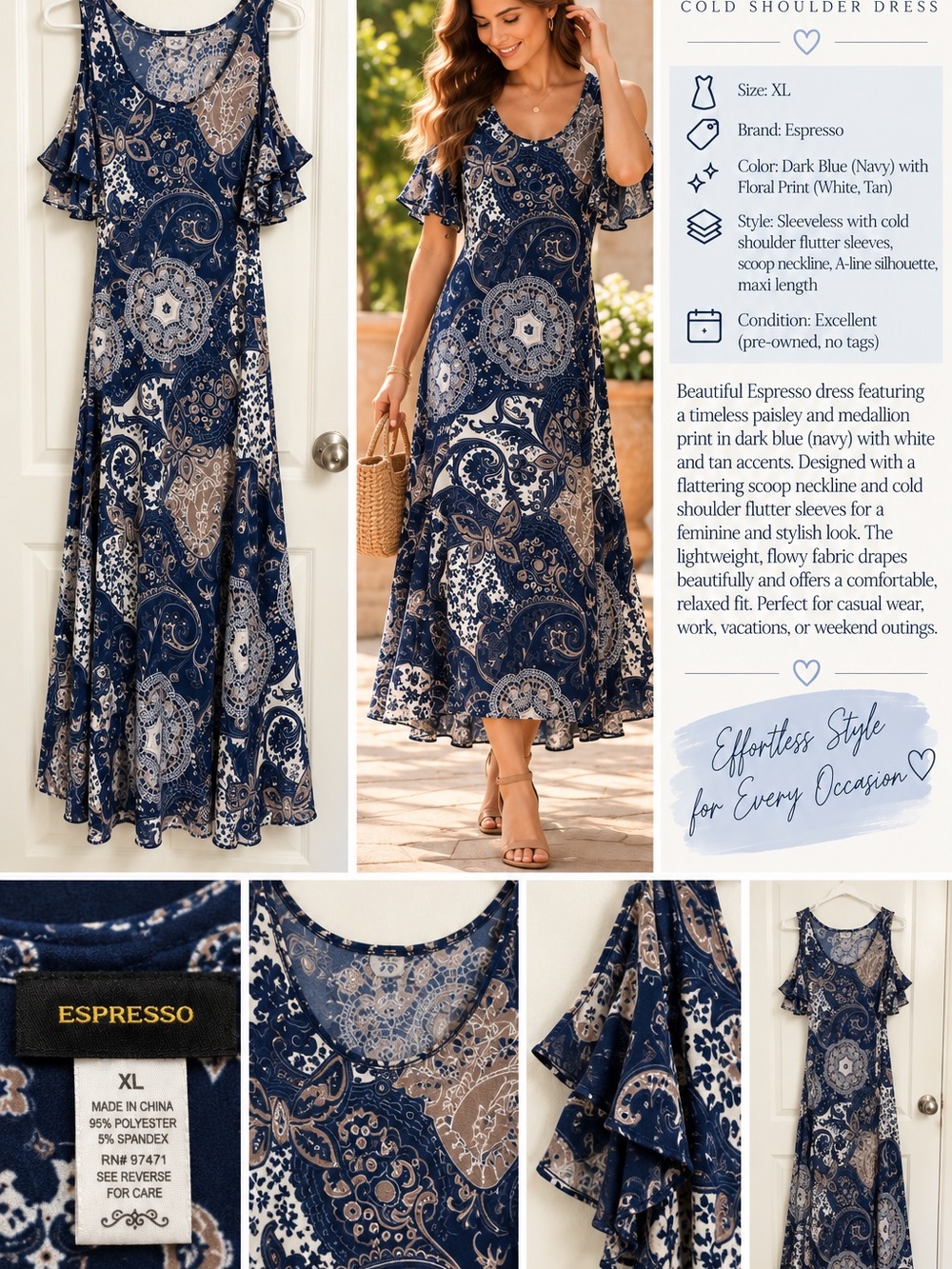 Espresso Navy Paisley Cold-Shoulder Maxi Dress